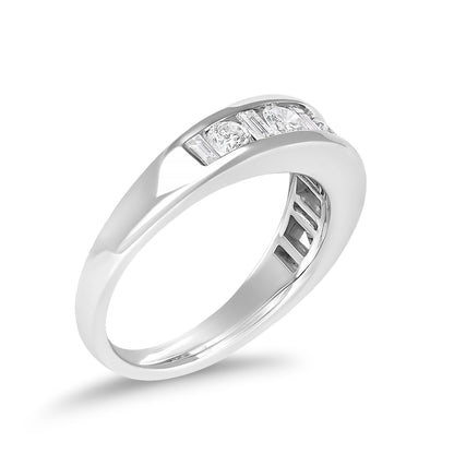 14K White Gold Alternating 1.0 Cttw Round and Baguette Diamond Channel Band Ring by Bids.com