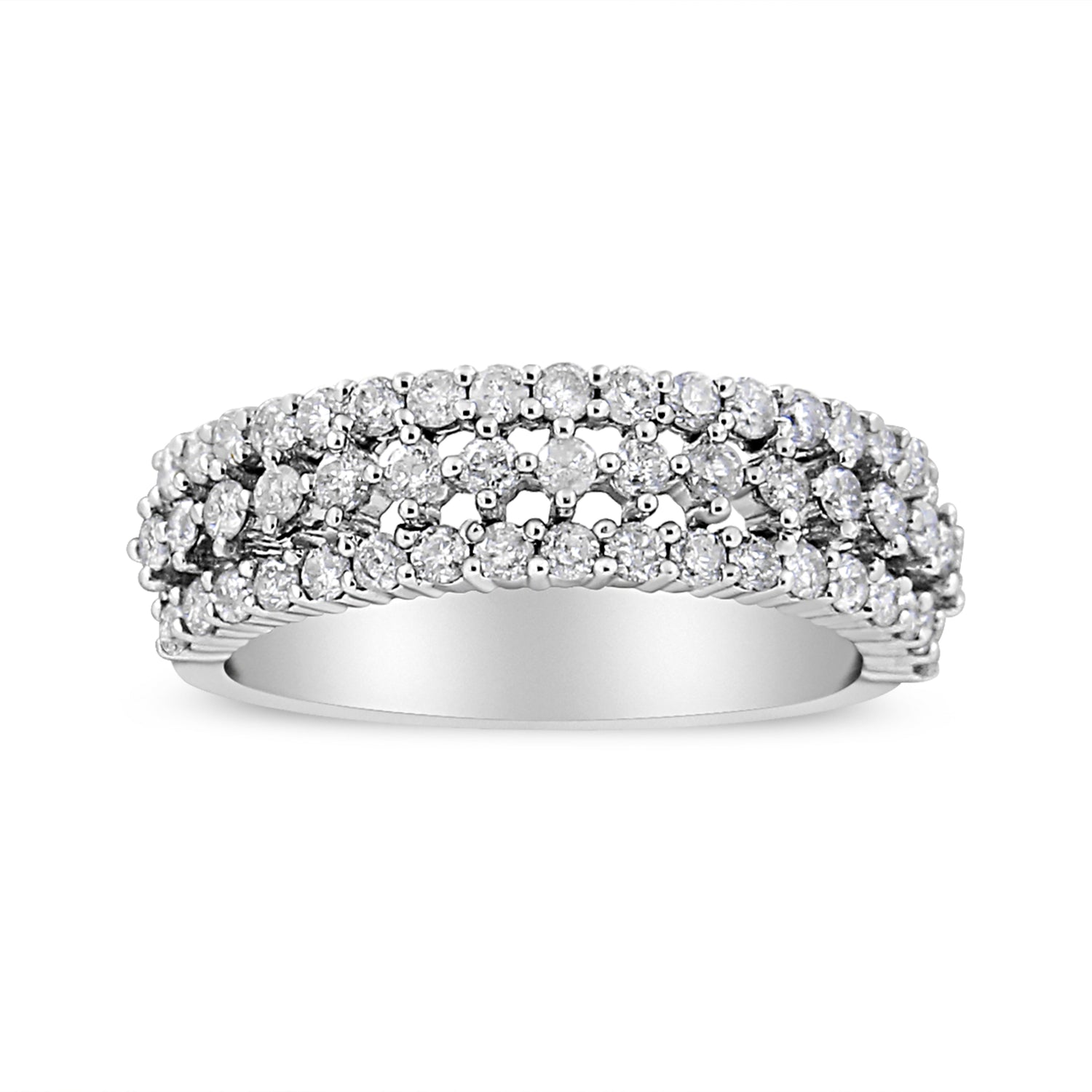 14K White Gold 1.0 Cttw Prong Set Round Diamond Split Shank Three Row Band Ring (H-I Color, I2-I3 Clarity) - Size 6  DestGlow