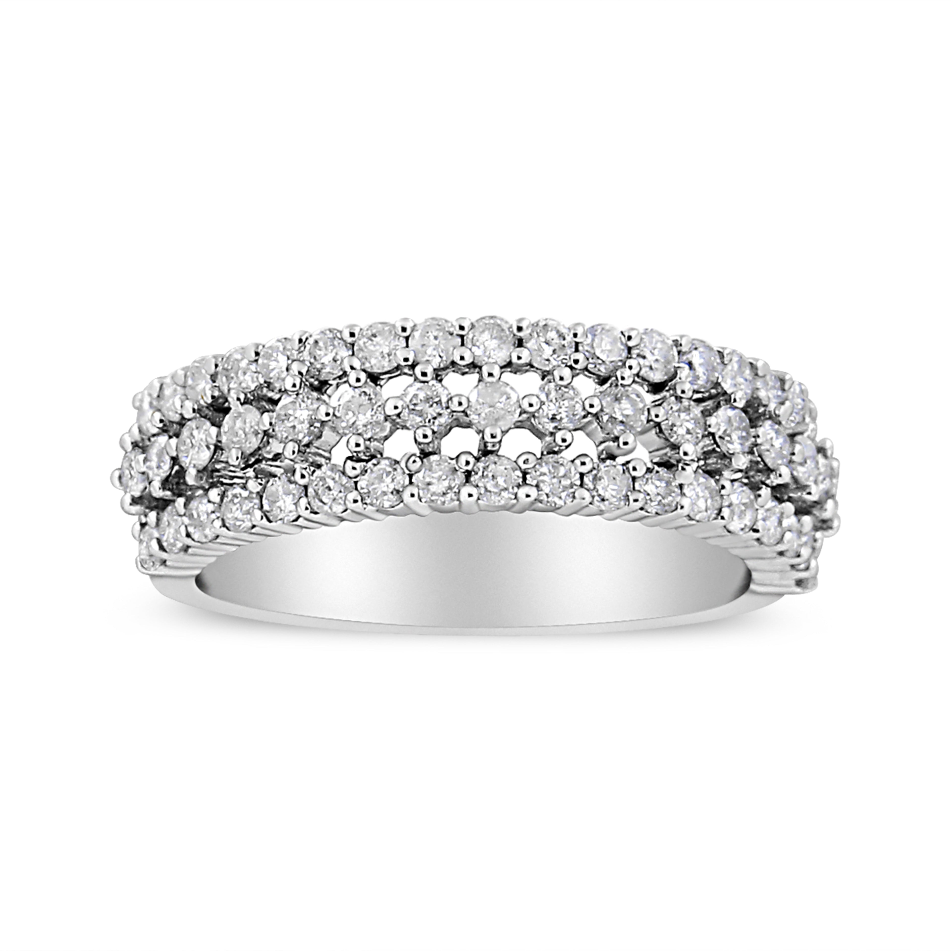 14K White Gold 1.0 Cttw Prong Set Round Diamond Split Shank Three Row Band Ring (H-I Color, I2-I3 Clarity) - Size 6  DestGlow