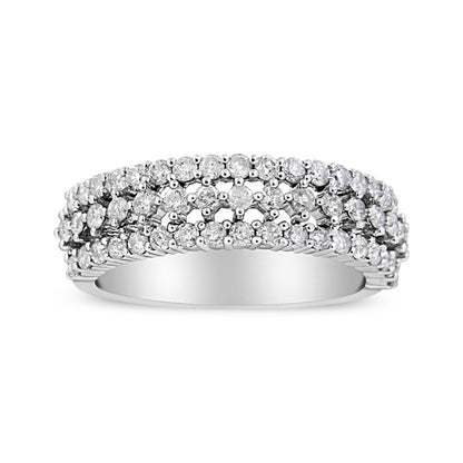 14K White Gold 1.0 Cttw Prong Set Round Diamond Split Shank Three Row Band Ring (H-I Color, I2-I3 Clarity) - Size 6  DestGlow