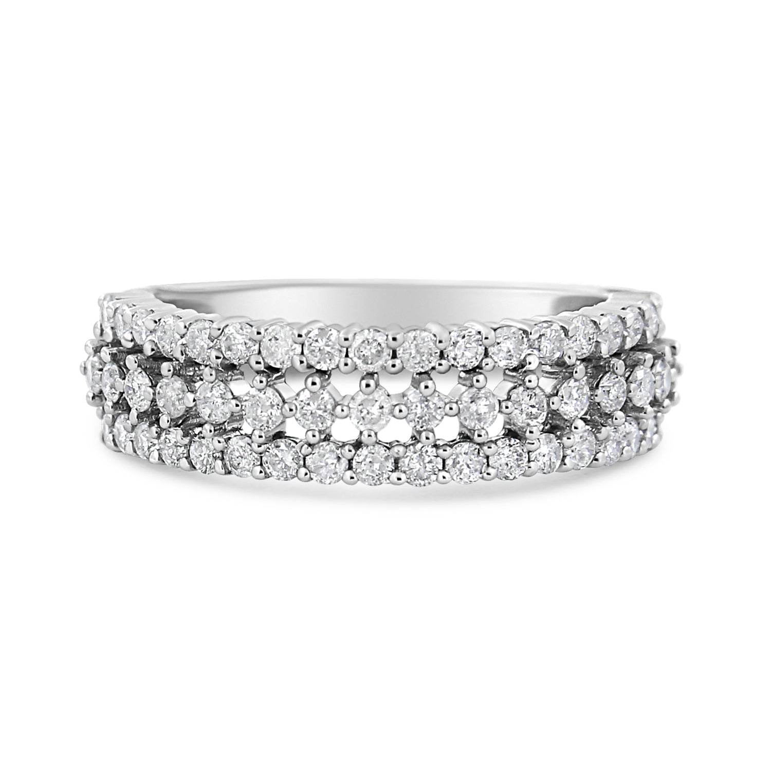 14K White Gold 1.0 Cttw Prong Set Round Diamond Split Shank Three Row Band Ring (H-I Color, I2-I3 Clarity) - Size 6  DestGlow