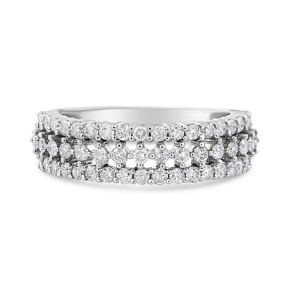 14K White Gold 1.0 Cttw Prong Set Round Diamond Split Shank Three Row Band Ring (H-I Color, I2-I3 Clarity) - Size 6  DestGlow
