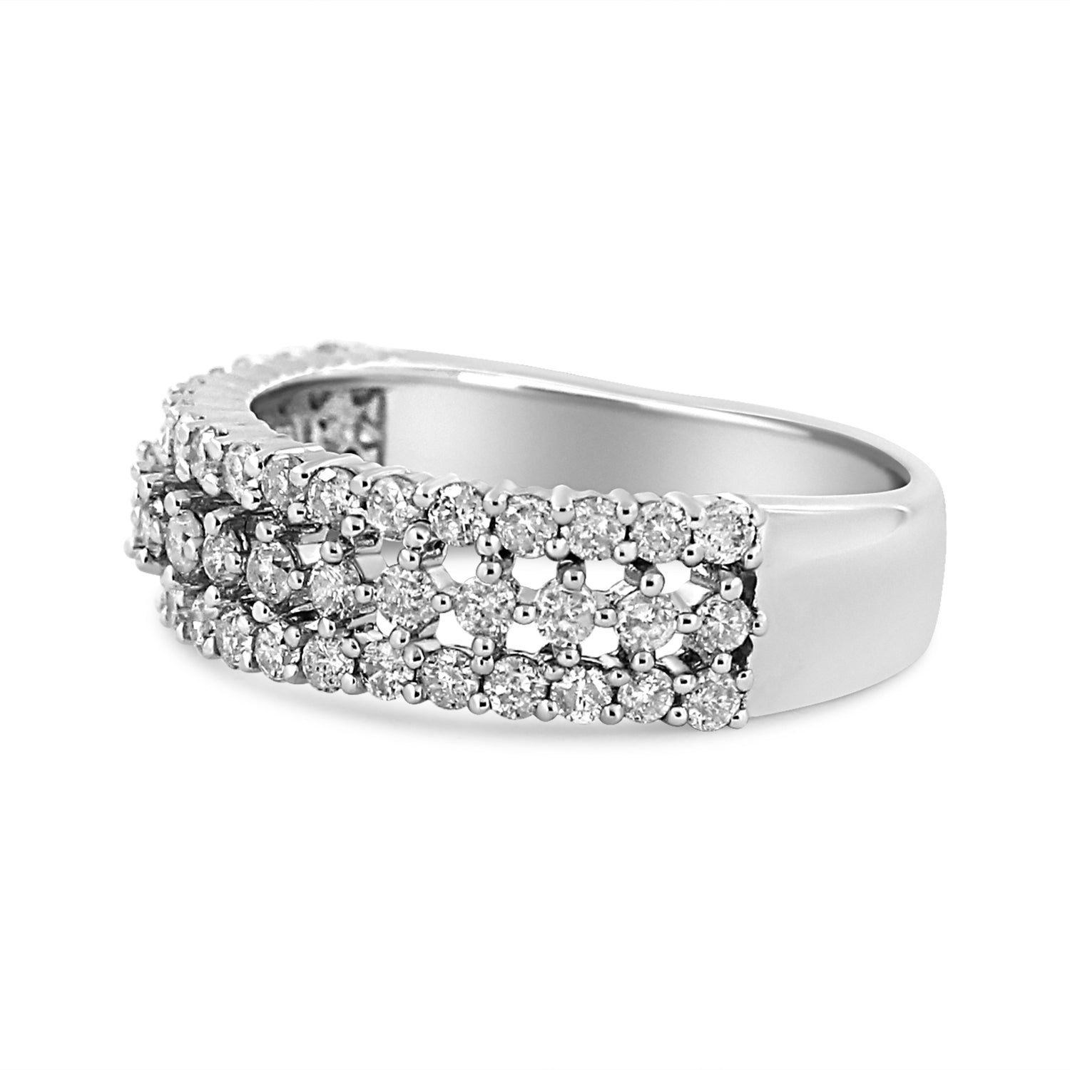 14K White Gold 1.0 Cttw Prong Set Round Diamond Split Shank Three Row Band Ring (H-I Color, I2-I3 Clarity) - Size 6  DestGlow