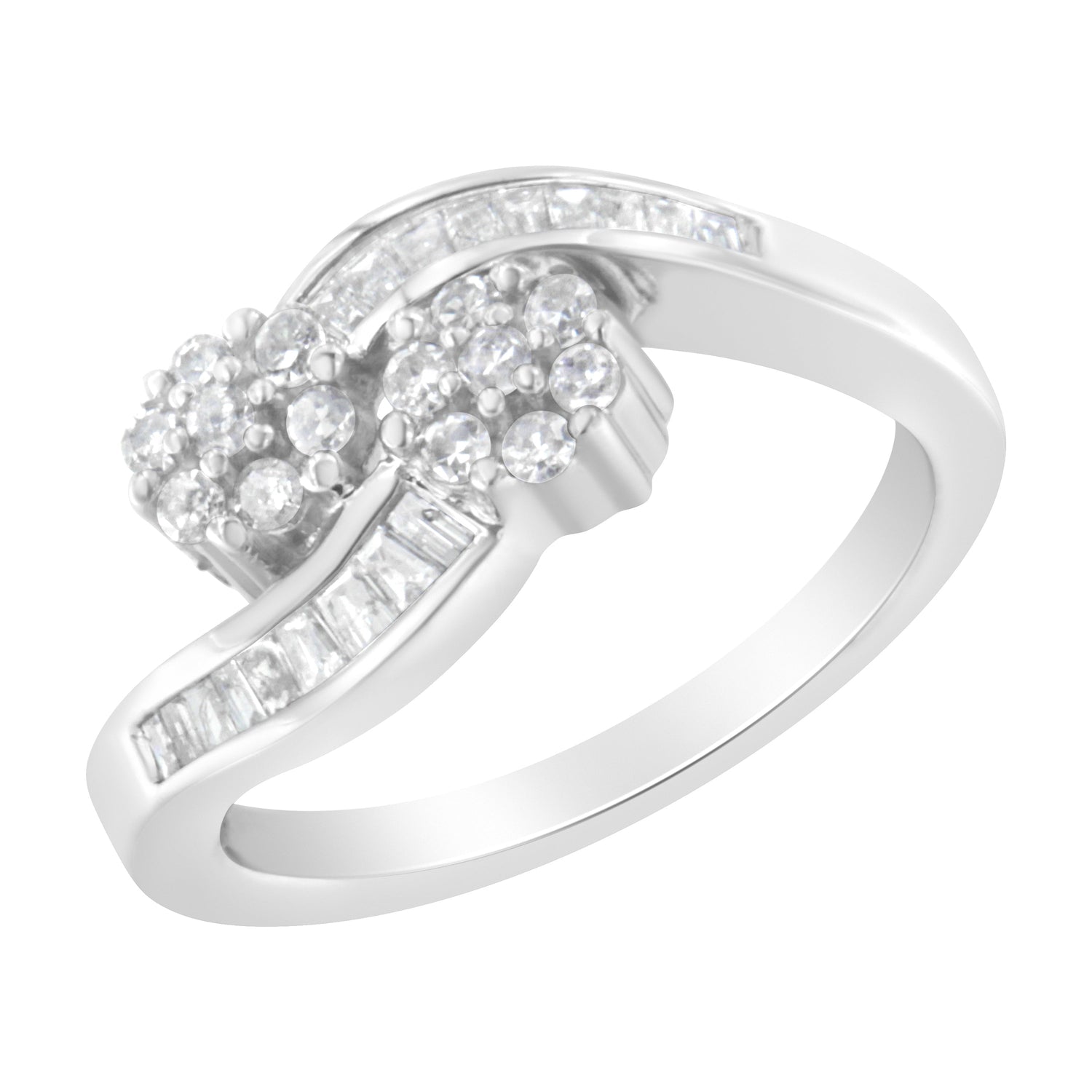 14K White Gold Round and Baguette Diamond Bypass Ring (1/2 cttw, H-I Color, I1-I2 Clarity) - Ring Size 6 by Bids.com