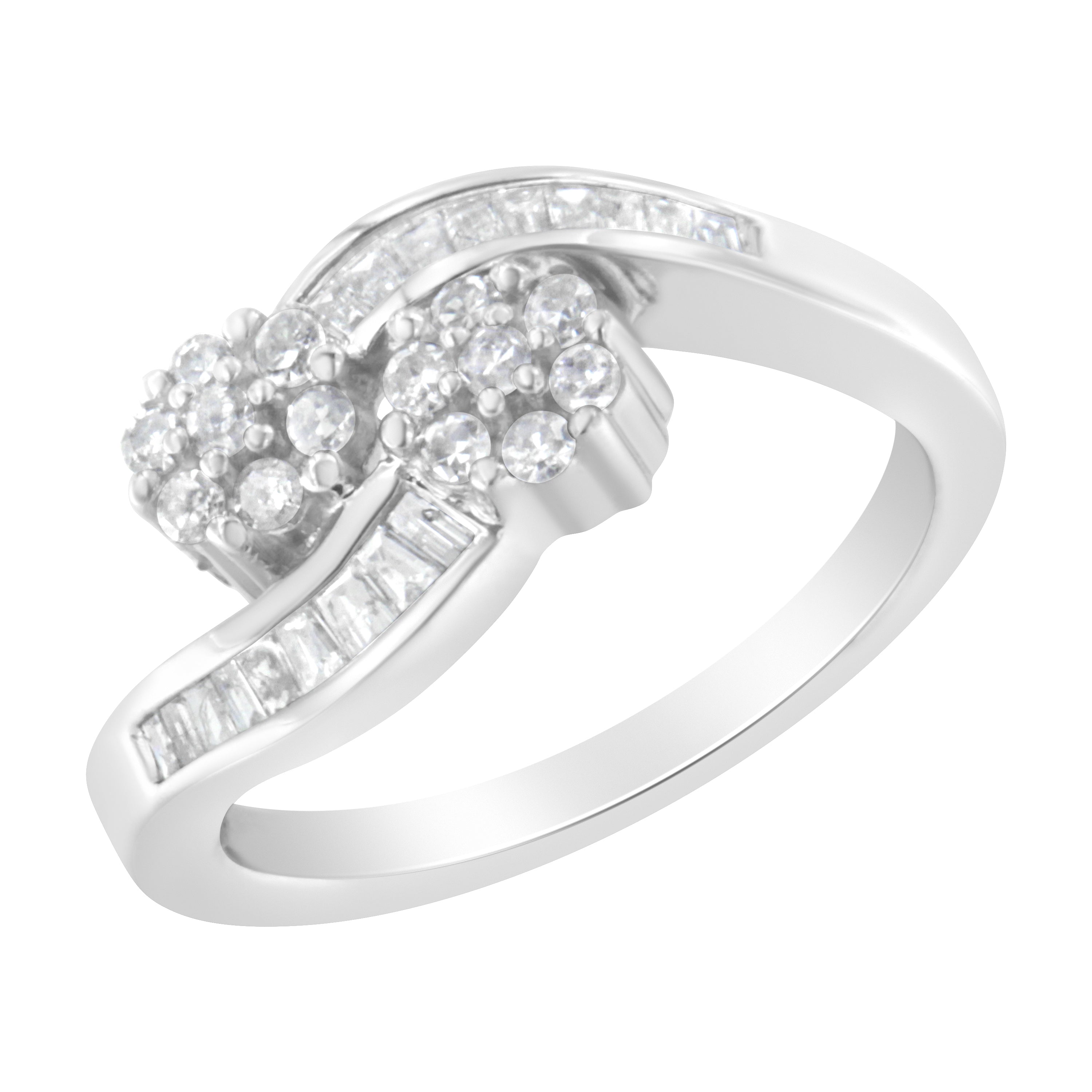 14K White Gold Round and Baguette Diamond Bypass Ring (1/2 cttw, H-I Color, I1-I2 Clarity) - Ring Size 6 by Bids.com