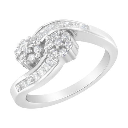 14K White Gold Round and Baguette Diamond Bypass Ring (1/2 cttw, H-I Color, I1-I2 Clarity) - Ring Size 6 by Bids.com