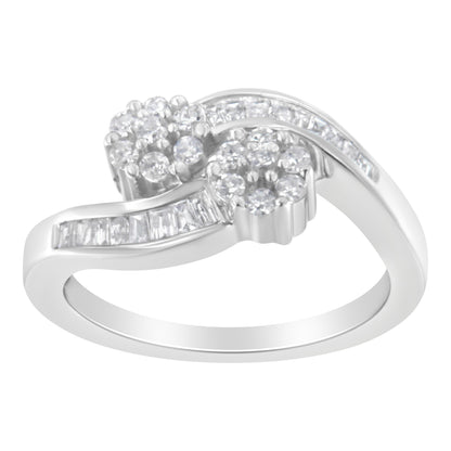 14K White Gold Round and Baguette Diamond Bypass Ring (1/2 cttw, H-I Color, I1-I2 Clarity) - Ring Size 6 by Bids.com