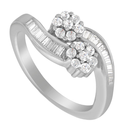 14K White Gold Round and Baguette Diamond Bypass Ring (1/2 cttw, H-I Color, I1-I2 Clarity) - Ring Size 6 by Bids.com