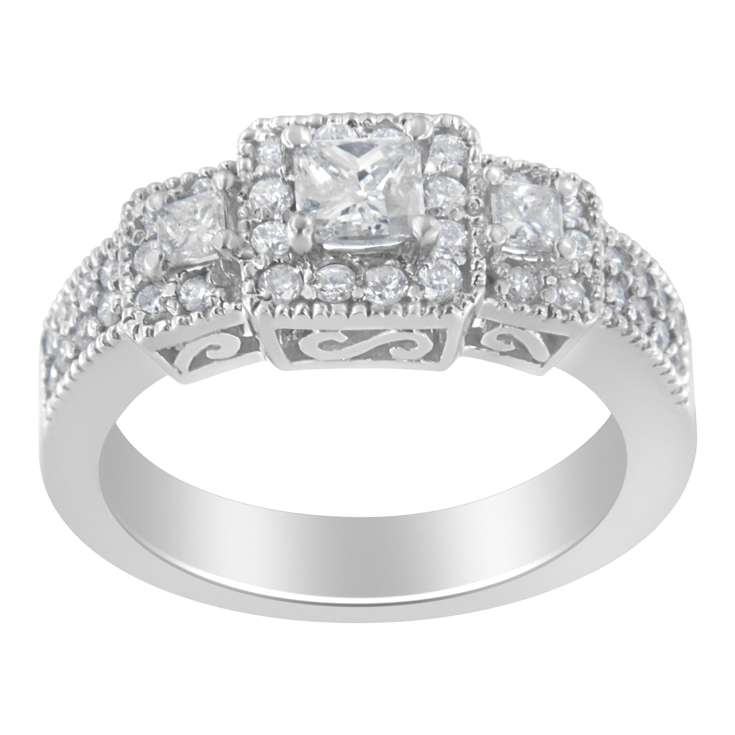 14K White Gold Round and Princess-Cut Diamond Three Stone Ring (1 Cttw, H-I Color, I1-I2 Clarity) - Size 7  DestGlow