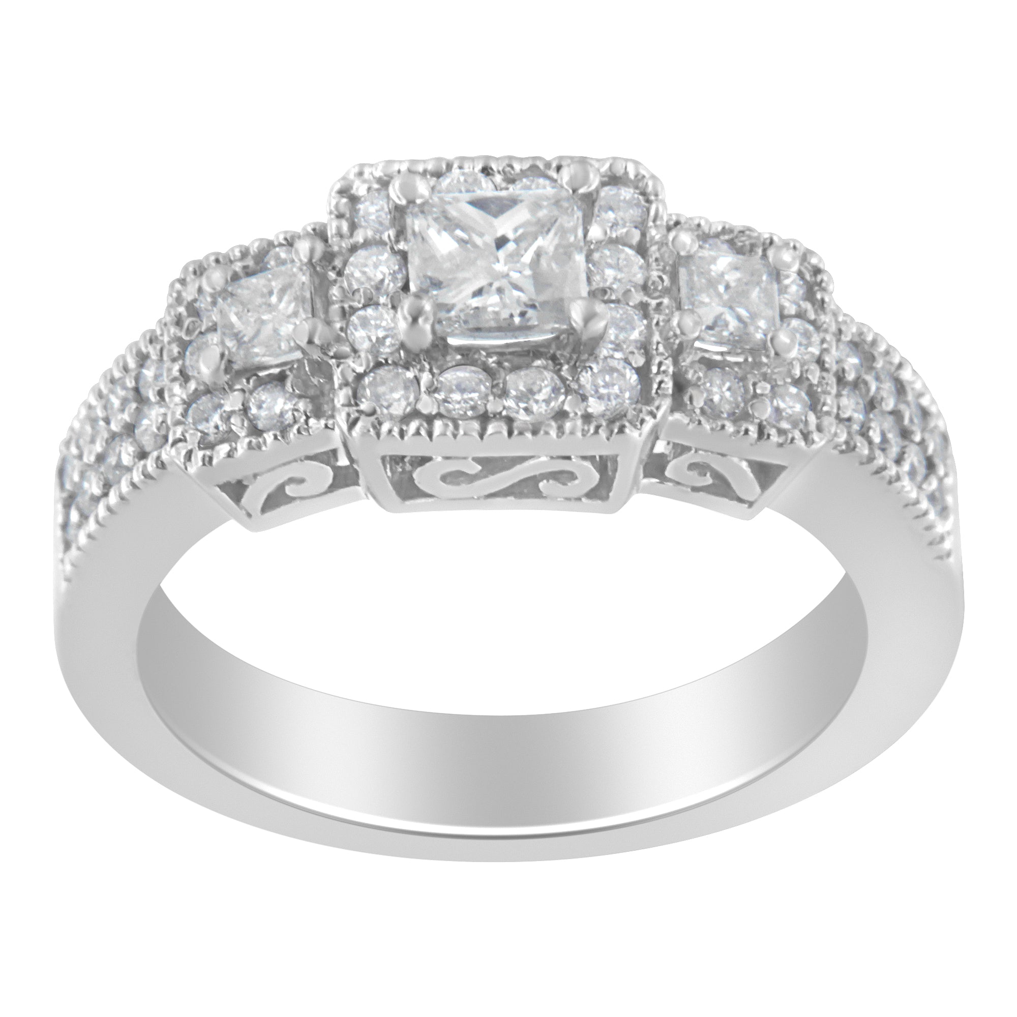 14K White Gold Round and Princess-Cut Diamond Three Stone Ring (1 Cttw, H-I Color, I1-I2 Clarity) - Size 7  DestGlow
