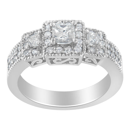 14K White Gold Round and Princess-Cut Diamond Three Stone Ring (1 Cttw, H-I Color, I1-I2 Clarity) - Size 7  DestGlow