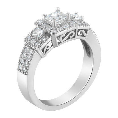 14K White Gold Round and Princess-Cut Diamond Three Stone Ring (1 Cttw, H-I Color, I1-I2 Clarity) - Size 7  DestGlow