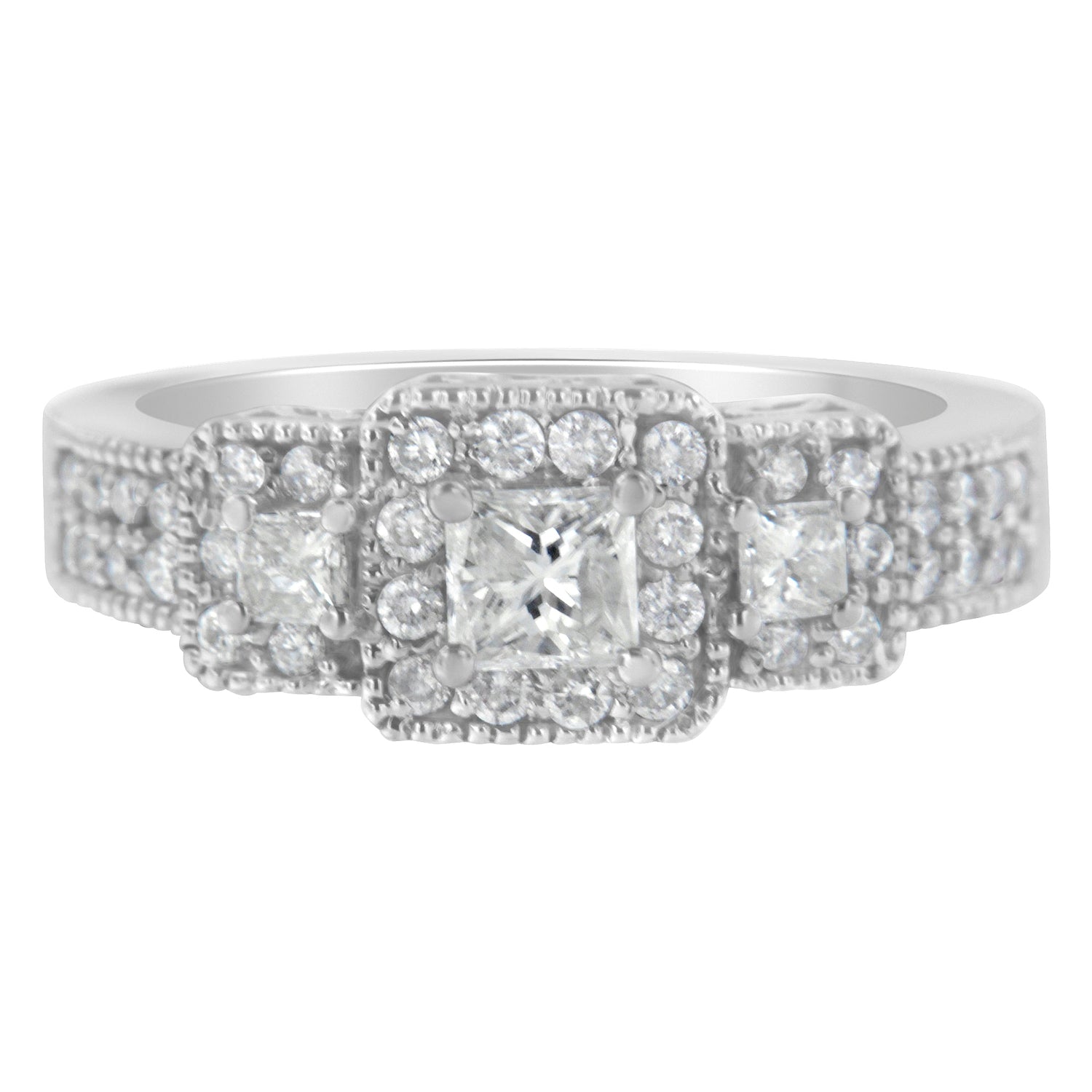 14K White Gold Round and Princess-Cut Diamond Three Stone Ring (1 Cttw, H-I Color, I1-I2 Clarity) - Size 7  DestGlow