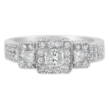 14K White Gold Round and Princess-Cut Diamond Three Stone Ring (1 Cttw, H-I Color, I1-I2 Clarity) - Size 7  DestGlow