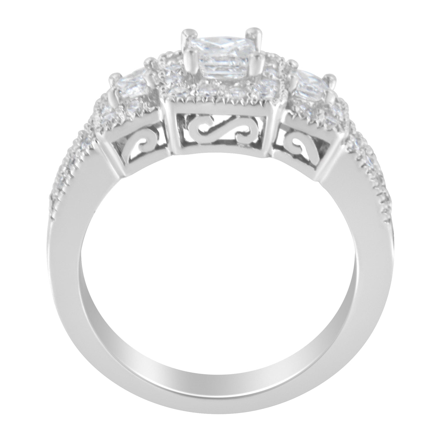 14K White Gold Round and Princess-Cut Diamond Three Stone Ring (1 Cttw, H-I Color, I1-I2 Clarity) - Size 7  DestGlow