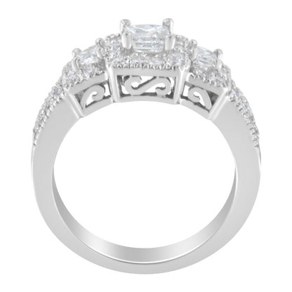 14K White Gold Round and Princess-Cut Diamond Three Stone Ring (1 Cttw, H-I Color, I1-I2 Clarity) - Size 7  DestGlow