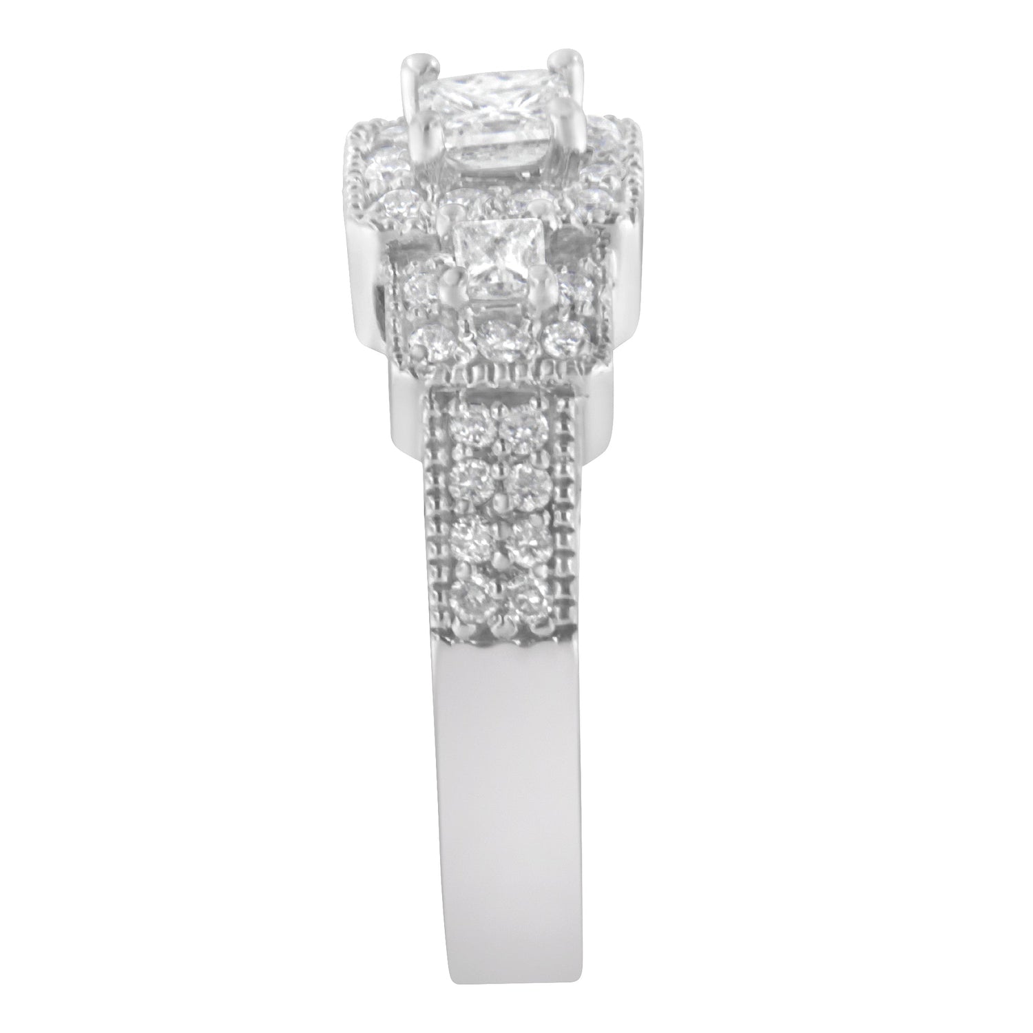 14K White Gold Round and Princess-Cut Diamond Three Stone Ring (1 Cttw, H-I Color, I1-I2 Clarity) - Size 7  DestGlow