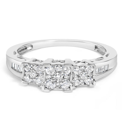 10K White Gold 1/2 Cttw Brilliant &amp; Baguette Cut Diamond 3 Stone Design with 3 Square Clusters Engagement Ring (H-I Color, SI2-I1 Clarity) - Size 6-3/4 by Bids.com