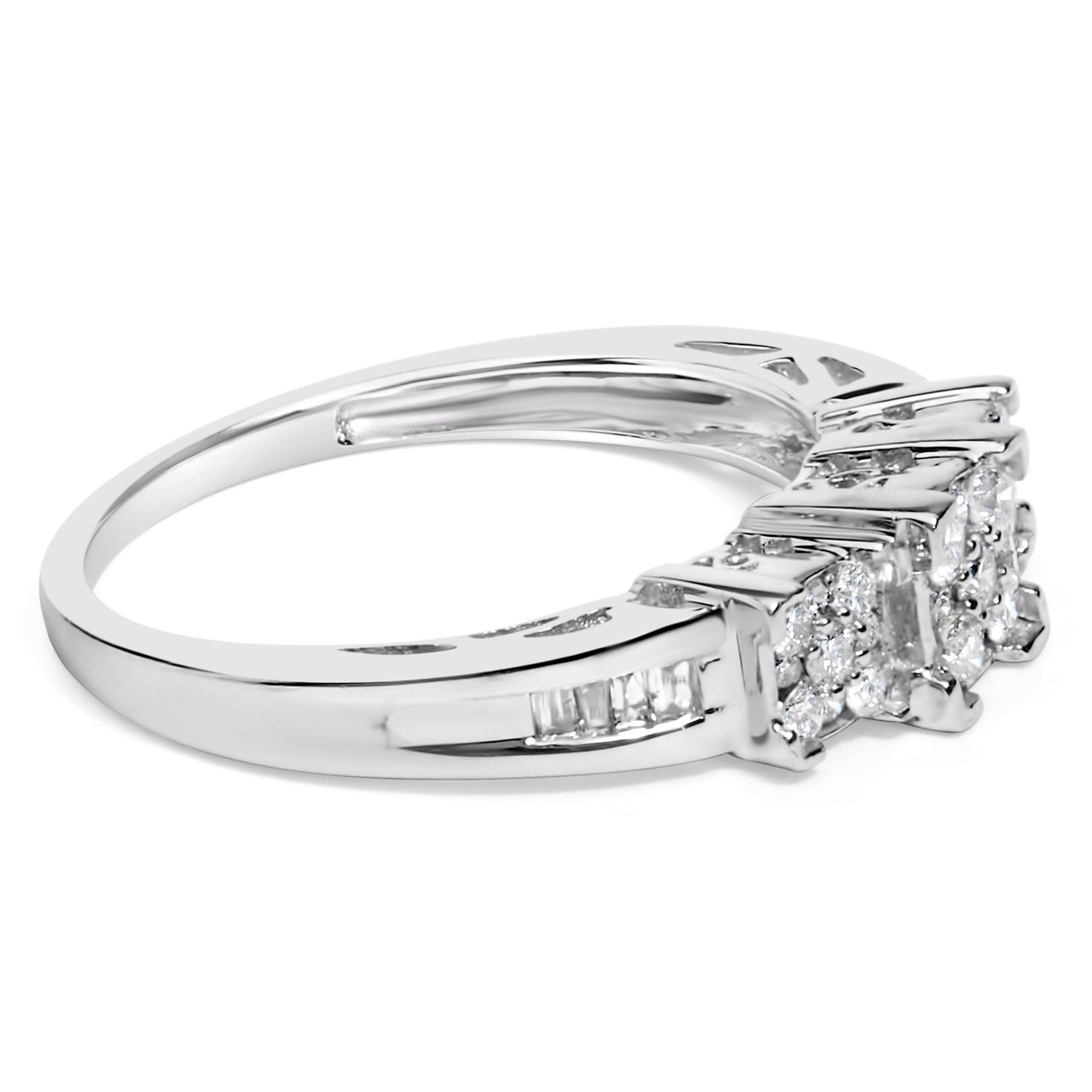 10K White Gold 1/2 Cttw Brilliant &amp; Baguette Cut Diamond 3 Stone Design with 3 Square Clusters Engagement Ring (H-I Color, SI2-I1 Clarity) - Size 6-3/4 by Bids.com