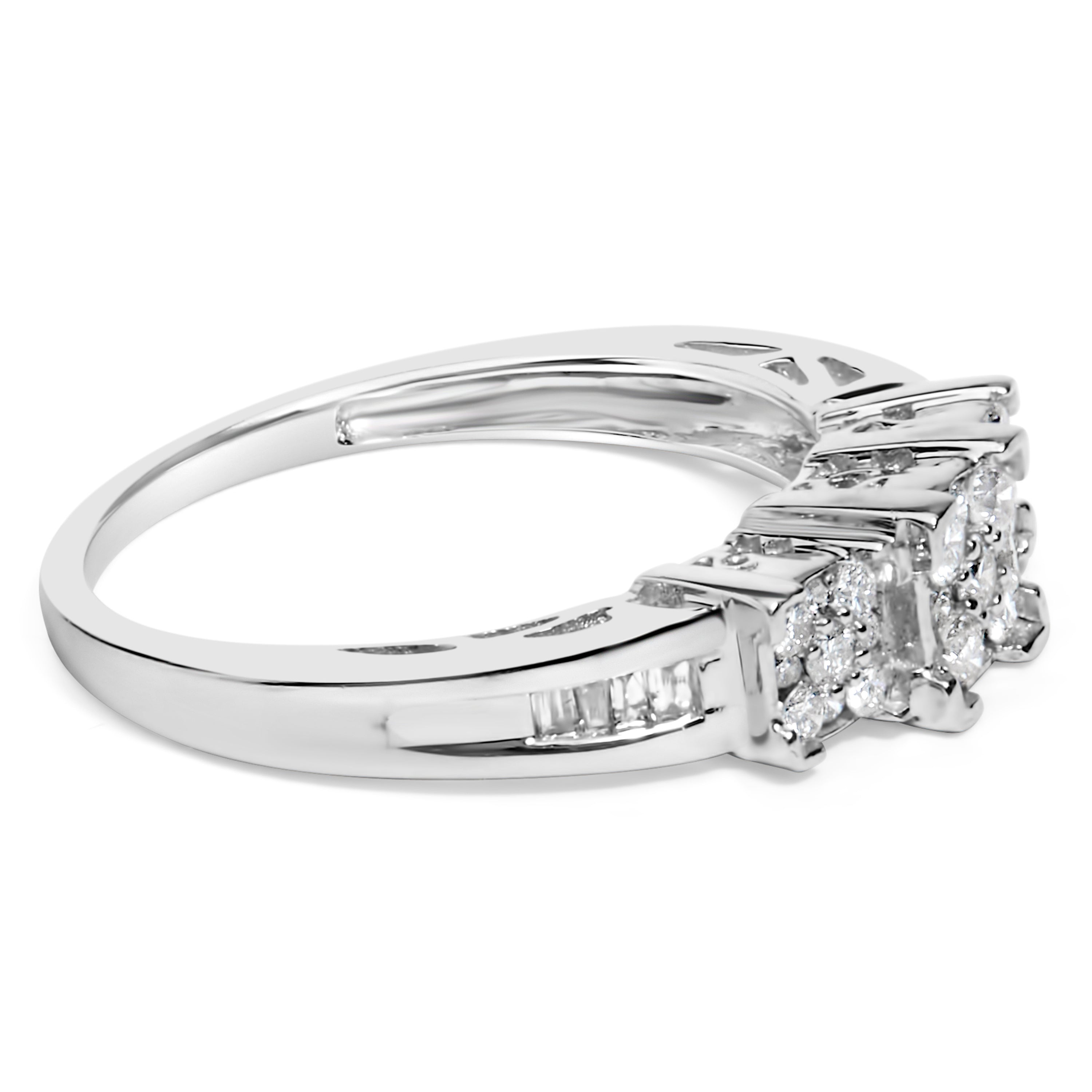 10K White Gold 1/2 Cttw Brilliant &amp; Baguette Cut Diamond 3 Stone Design with 3 Square Clusters Engagement Ring (H-I Color, SI2-I1 Clarity) - Size 6-3/4 by Bids.com