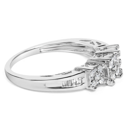 10K White Gold 1/2 Cttw Brilliant &amp; Baguette Cut Diamond 3 Stone Design with 3 Square Clusters Engagement Ring (H-I Color, SI2-I1 Clarity) - Size 6-3/4 by Bids.com