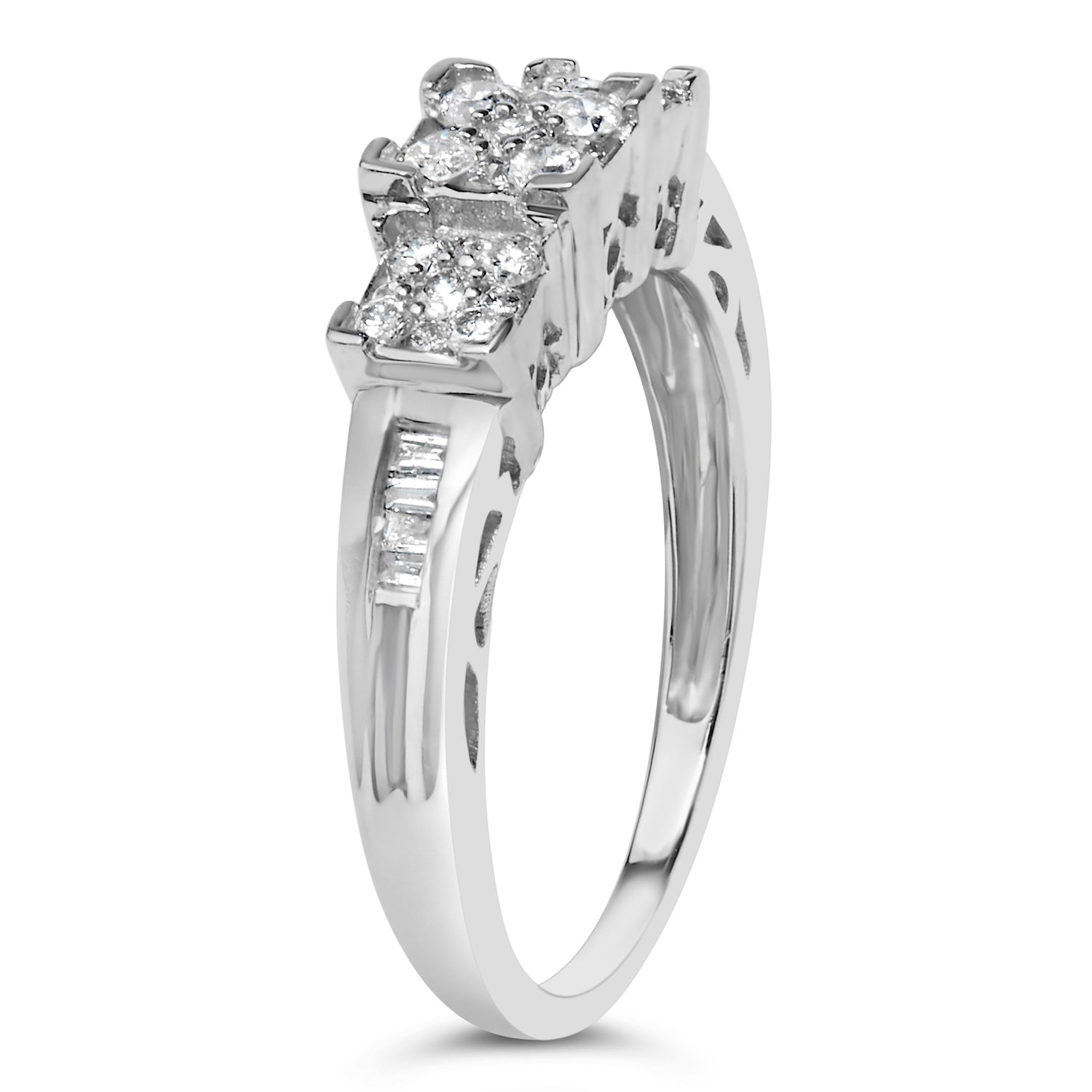 10K White Gold 1/2 Cttw Brilliant &amp; Baguette Cut Diamond 3 Stone Design with 3 Square Clusters Engagement Ring (H-I Color, SI2-I1 Clarity) - Size 6-3/4 by Bids.com