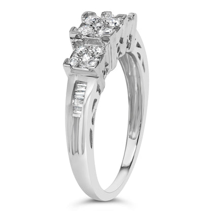 10K White Gold 1/2 Cttw Brilliant &amp; Baguette Cut Diamond 3 Stone Design with 3 Square Clusters Engagement Ring (H-I Color, SI2-I1 Clarity) - Size 6-3/4 by Bids.com