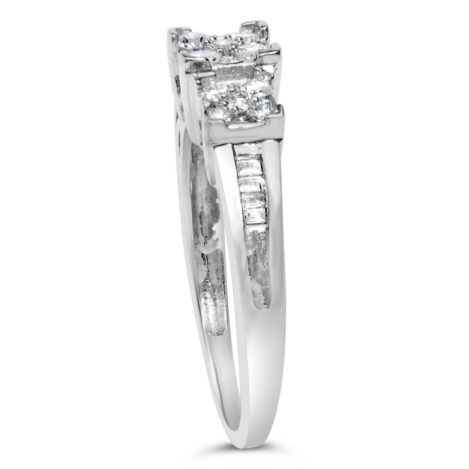 10K White Gold 1/2 Cttw Brilliant &amp; Baguette Cut Diamond 3 Stone Design with 3 Square Clusters Engagement Ring (H-I Color, SI2-I1 Clarity) - Size 6-3/4 by Bids.com