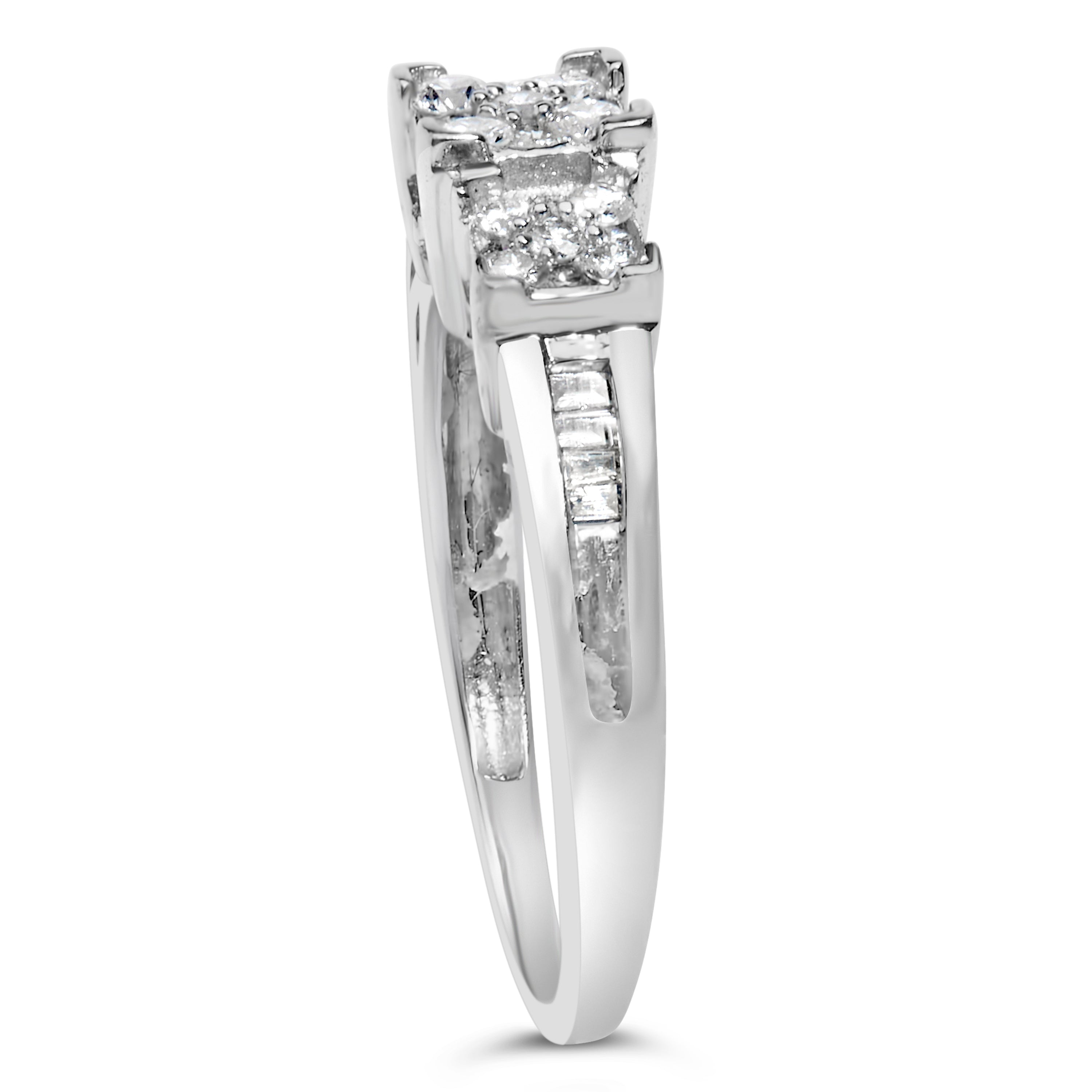 10K White Gold 1/2 Cttw Brilliant &amp; Baguette Cut Diamond 3 Stone Design with 3 Square Clusters Engagement Ring (H-I Color, SI2-I1 Clarity) - Size 6-3/4 by Bids.com