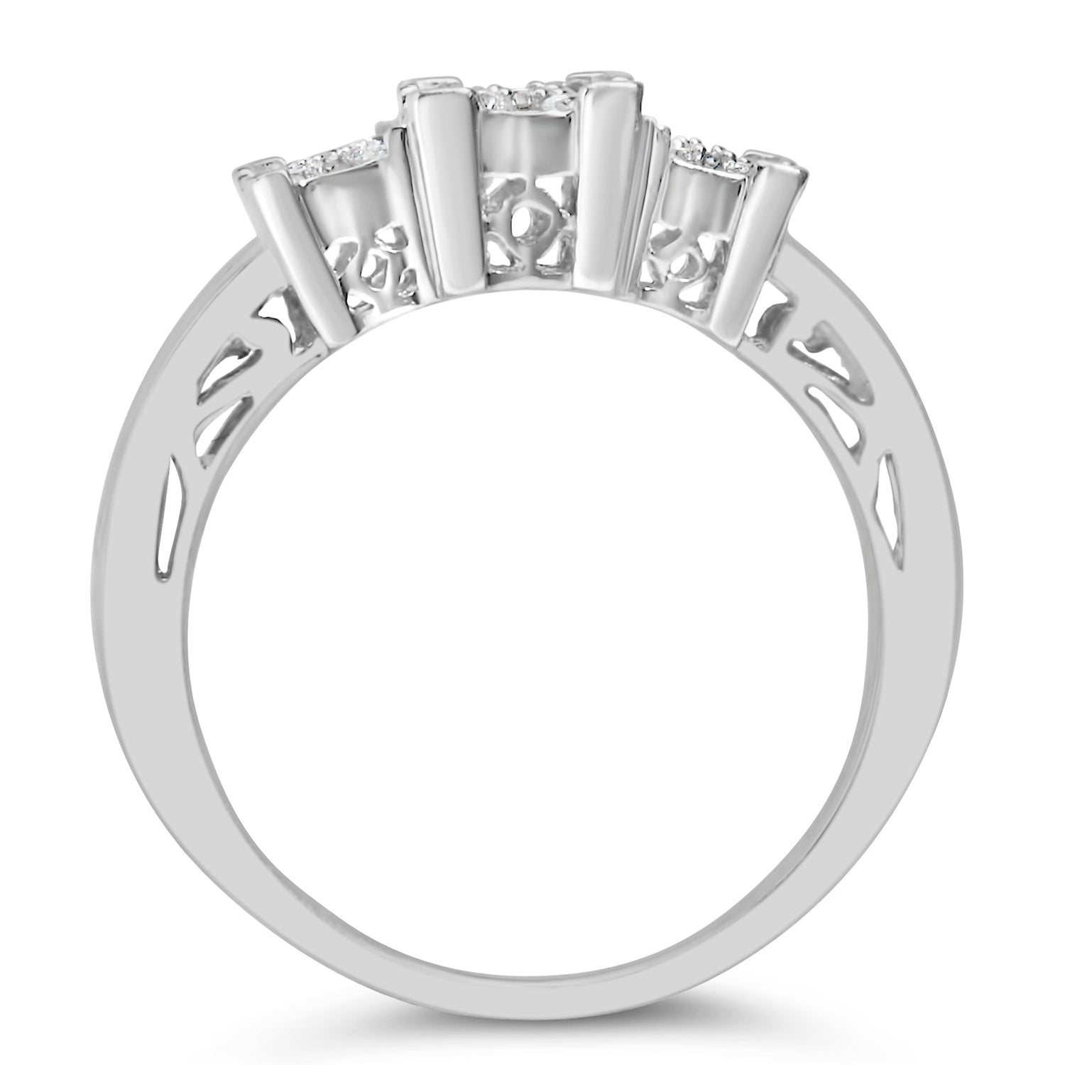 10K White Gold 1/2 Cttw Brilliant &amp; Baguette Cut Diamond 3 Stone Design with 3 Square Clusters Engagement Ring (H-I Color, SI2-I1 Clarity) - Size 6-3/4 by Bids.com