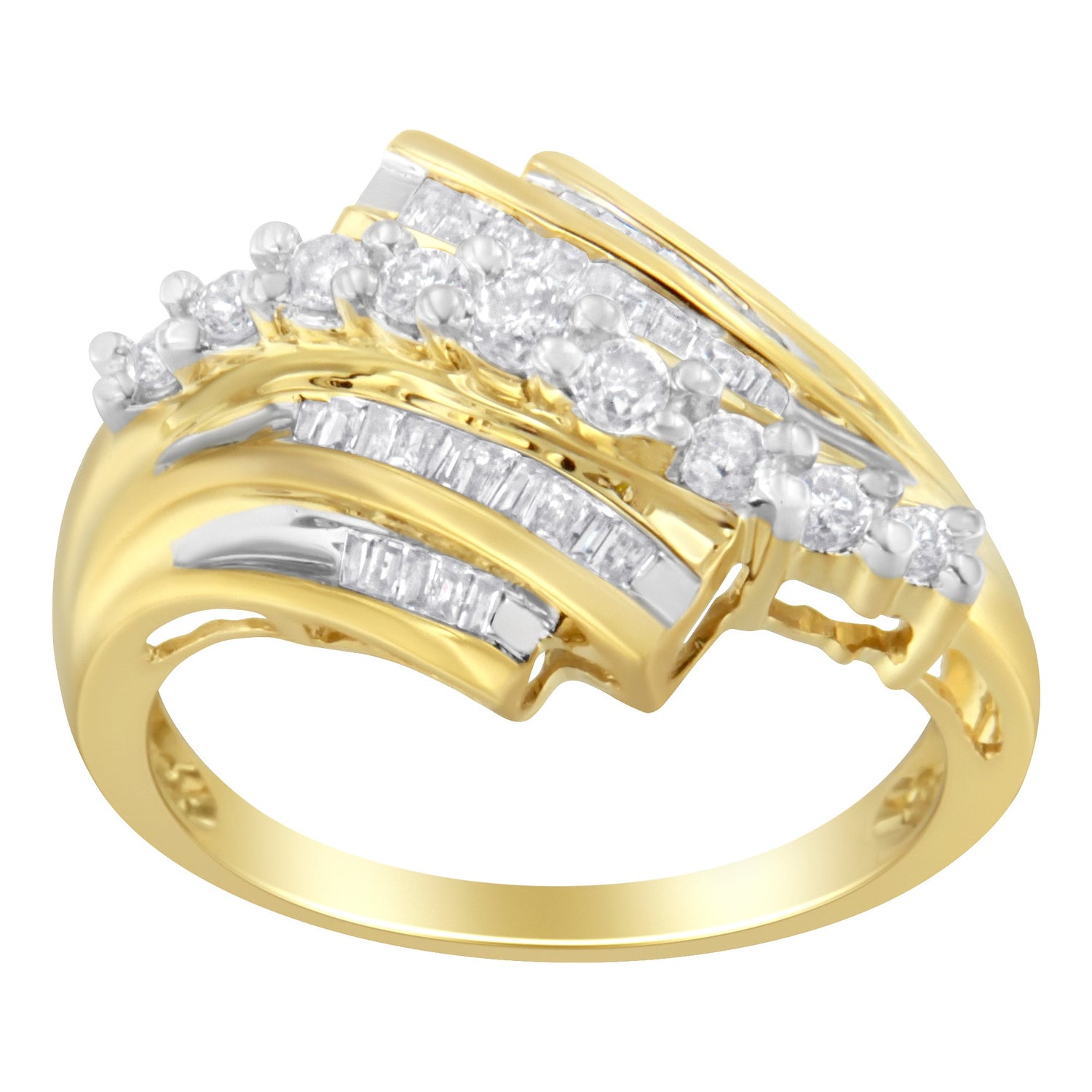 10K Yellow Gold Round and Baguette Diamond-Cut Ring (1/2 Cttw, I-J Color, I1-I2 Clarity) - Size 7 by Bids.com