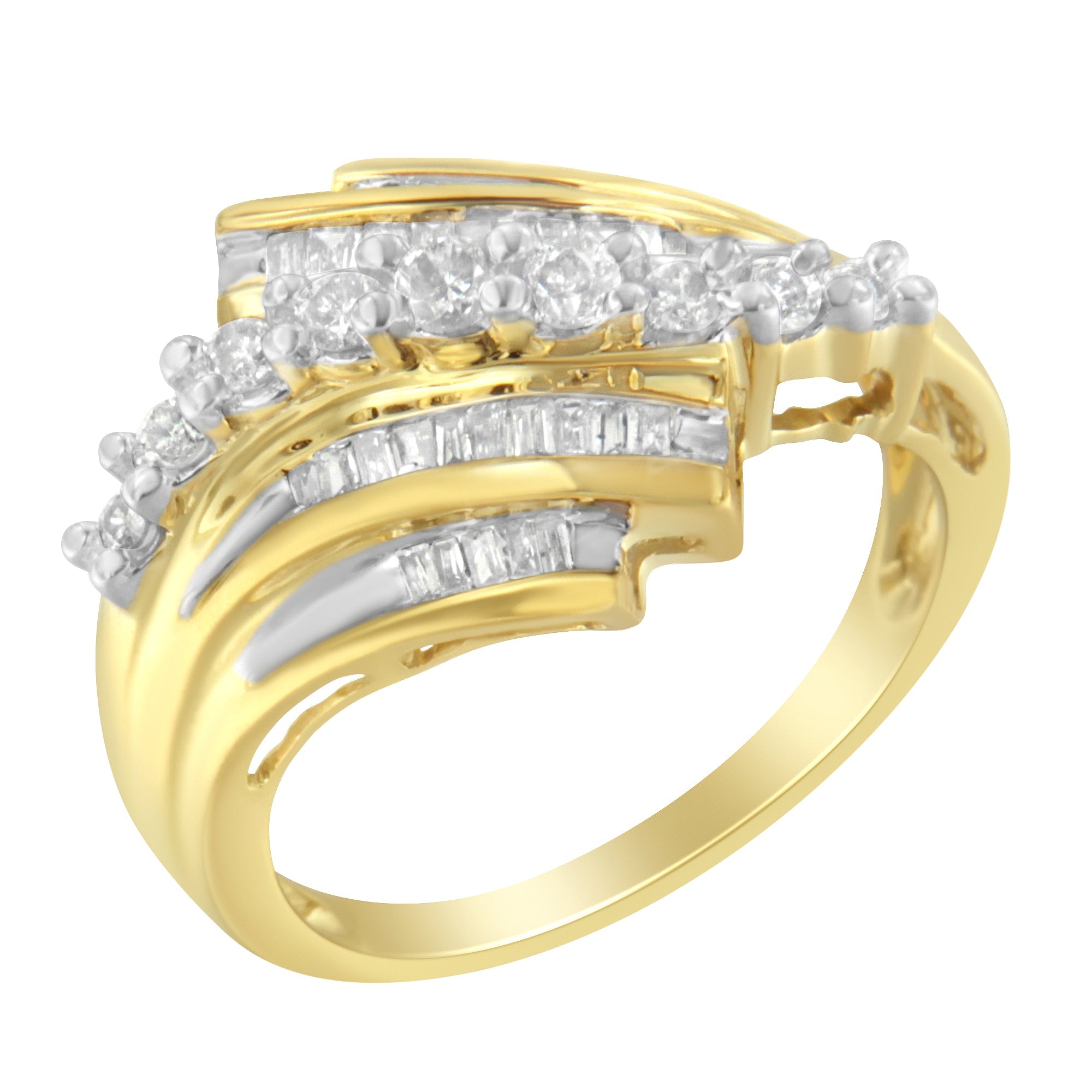 10K Yellow Gold Round and Baguette Diamond-Cut Ring (1/2 Cttw, I-J Color, I1-I2 Clarity) - Size 7 by Bids.com