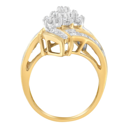 10K Yellow Gold Round and Baguette-Cut Diamond Bypass Cluster Ring (1.0 Cttw, I-J Color, I1-I2 Clarity) - Size 8 by Bids.com
