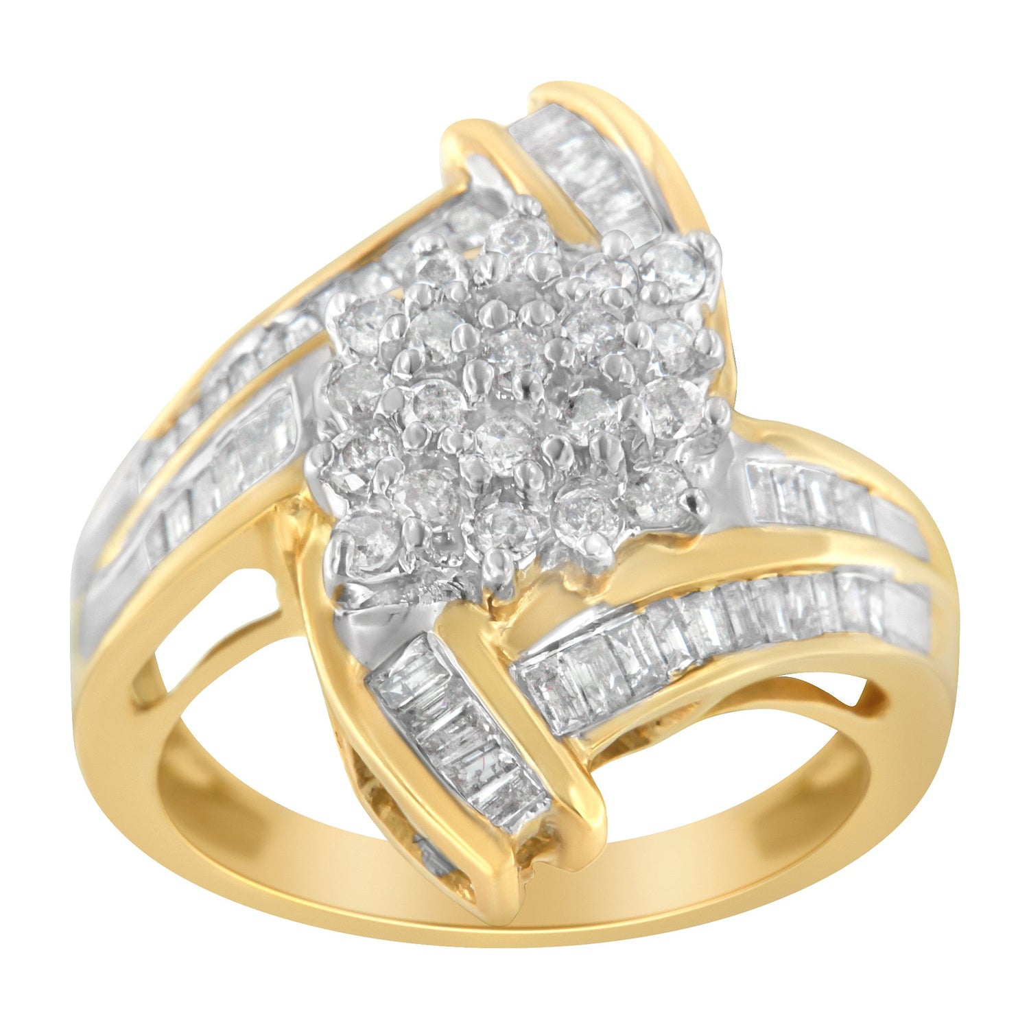 10K Yellow Gold Round and Baguette-Cut Diamond Bypass Cluster Ring (1.0 Cttw, I-J Color, I1-I2 Clarity) - Size 8 by Bids.com