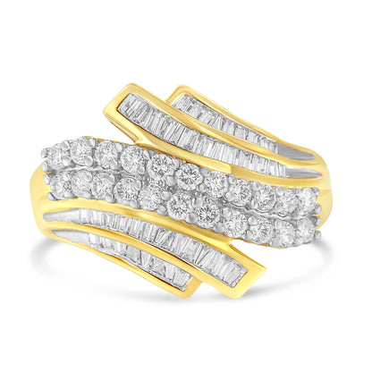 10K Yellow Gold 1.0 Cttw Round &amp; Baguette Cut Diamond 64 Stone Bypass Style Channel Set Modern Statement Ring (H-I Color, SI1-SI2 Clarity) - Size 6 by Bids.com