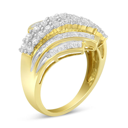 10K Yellow Gold 1.0 Cttw Round &amp; Baguette Cut Diamond 64 Stone Bypass Style Channel Set Modern Statement Ring (H-I Color, SI1-SI2 Clarity) - Size 6 by Bids.com