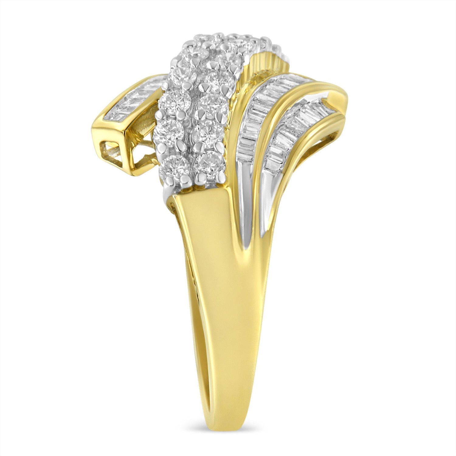 10K Yellow Gold 1.0 Cttw Round &amp; Baguette Cut Diamond 64 Stone Bypass Style Channel Set Modern Statement Ring (H-I Color, SI1-SI2 Clarity) - Size 6 by Bids.com