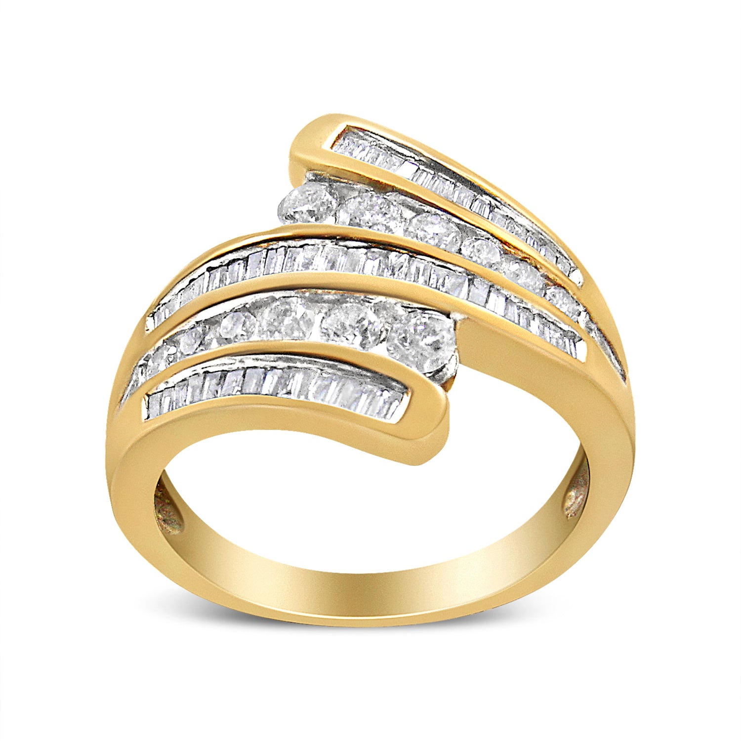 10K Yellow Gold 1 Cttw Round and Baguette-Cut Diamond Multi Row Bypass Ring Band (H-I Color, I1-I2 Clarity) - Ring Size 7 by Bids.com