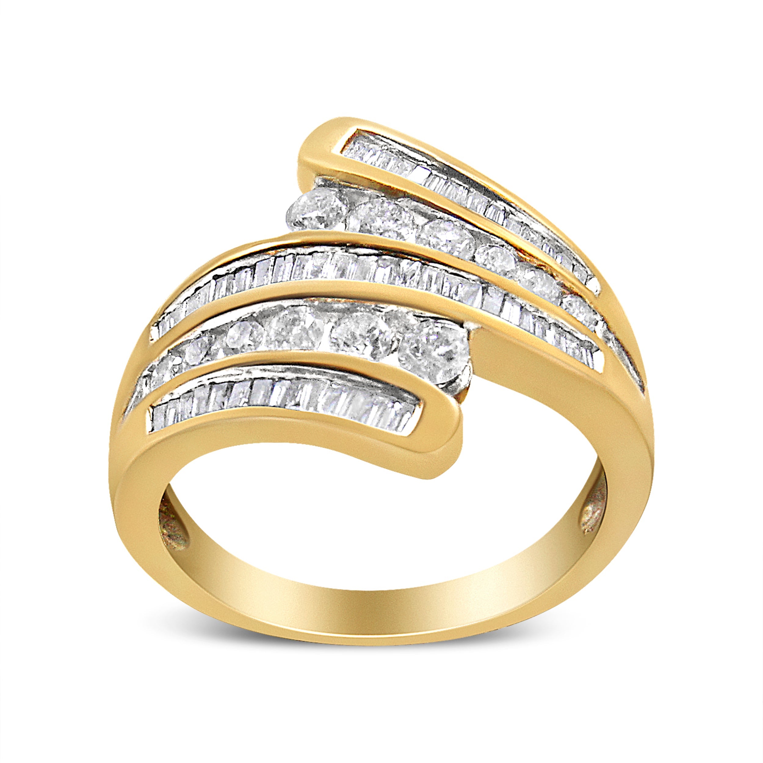 10K Yellow Gold 1 Cttw Round and Baguette-Cut Diamond Multi Row Bypass Ring Band (H-I Color, I1-I2 Clarity) - Ring Size 7 by Bids.com