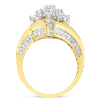 10K Yellow Gold Round and Baguette Diamond Crossover Cluster Ring (3 Cttw, I-J Color, I1-I2 Clarity) - Size 7-1/2 by Bids.com
