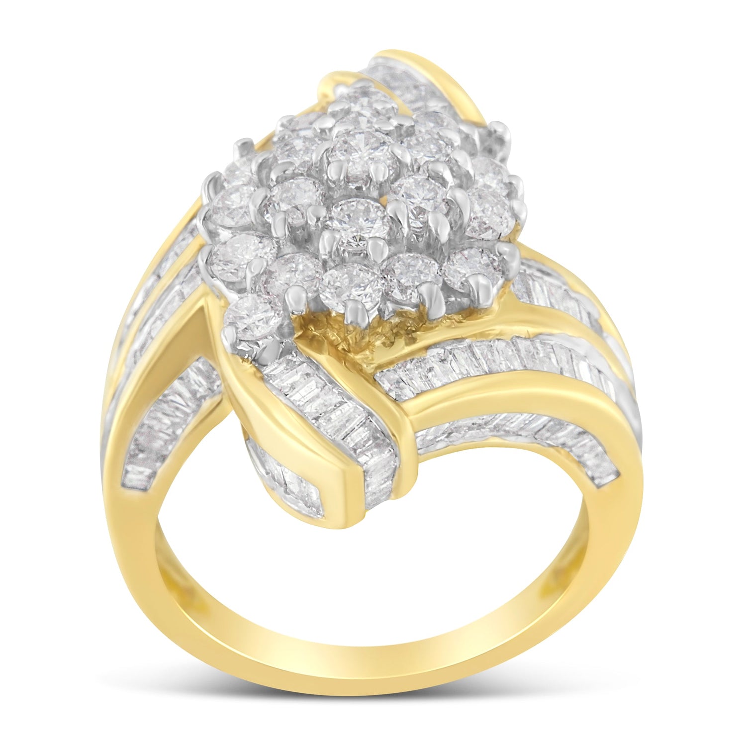 10K Yellow Gold Round and Baguette Diamond Crossover Cluster Ring (3 Cttw, I-J Color, I1-I2 Clarity) - Size 7-1/2 by Bids.com