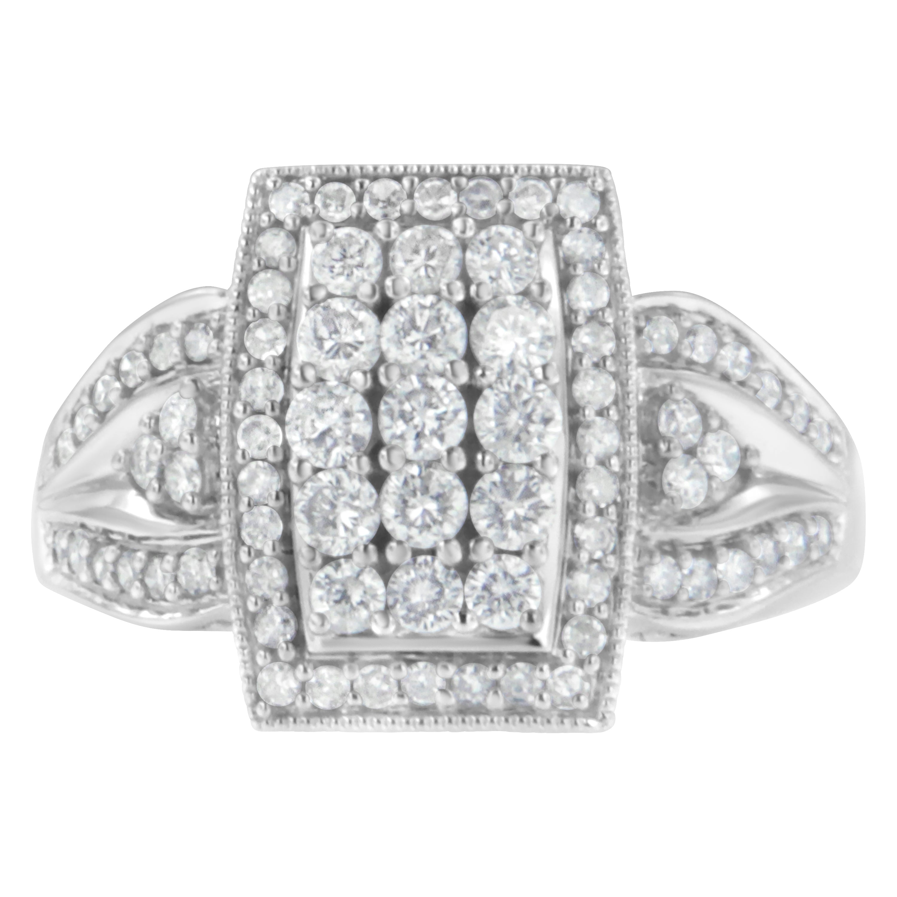 10K White Gold 1.0 Cttw Diamond Rectangular Cushion Shaped Cluster Halo Flared Band Cocktail Fashion Ring (H-I Color, SI2-I1 Clarity) - Size 7 by Bids.com