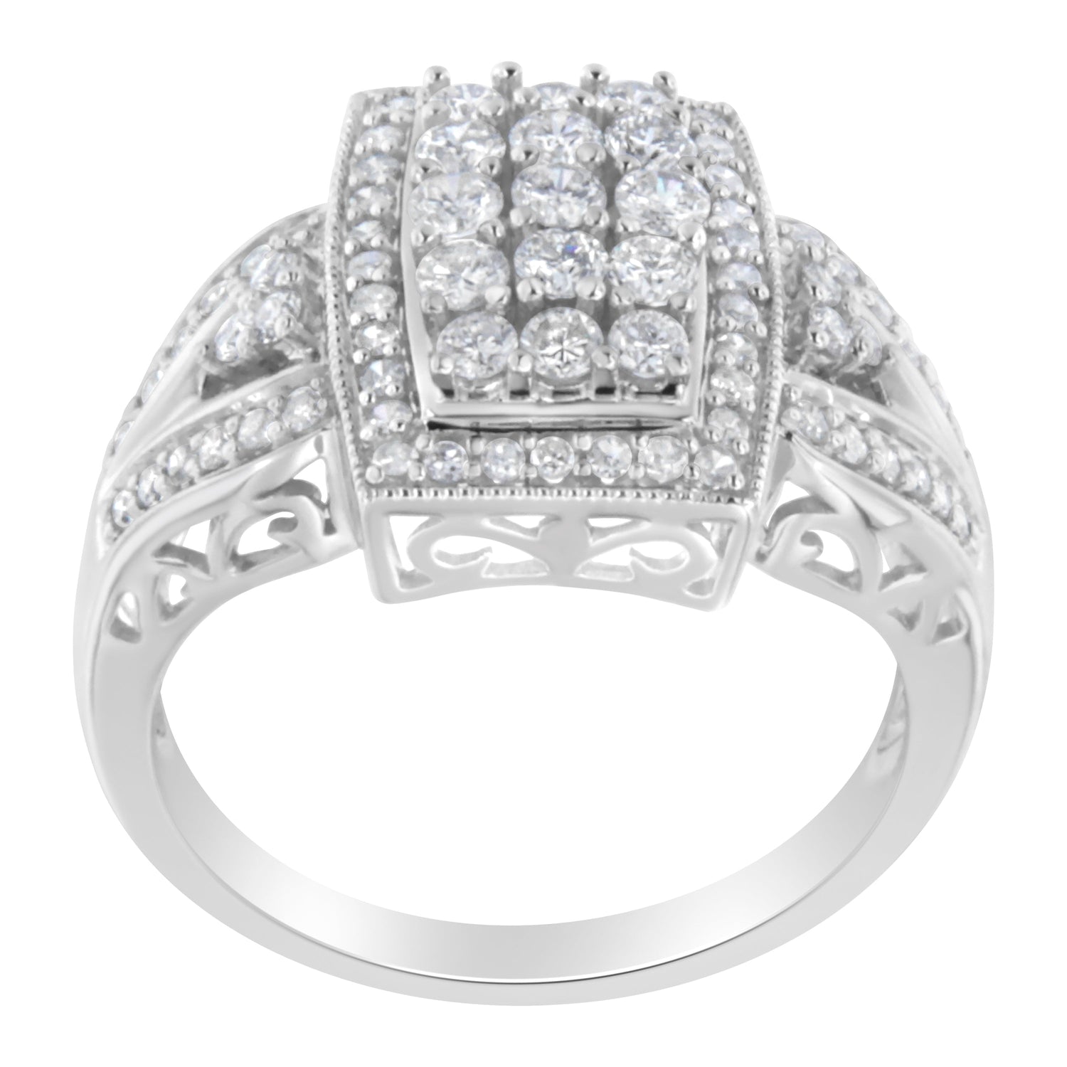 10K White Gold 1.0 Cttw Diamond Rectangular Cushion Shaped Cluster Halo Flared Band Cocktail Fashion Ring (H-I Color, SI2-I1 Clarity) - Size 7 by Bids.com
