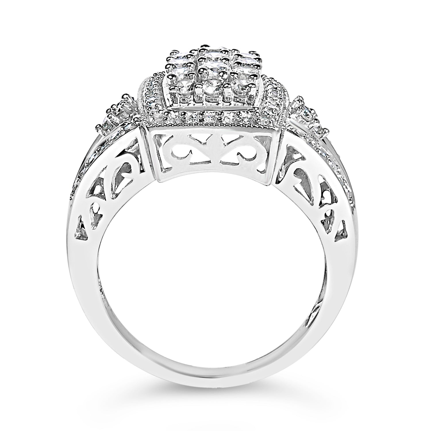 10K White Gold 1.0 Cttw Diamond Rectangular Cushion Shaped Cluster Halo Flared Band Cocktail Fashion Ring (H-I Color, SI2-I1 Clarity) - Size 7 by Bids.com