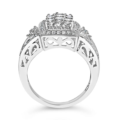 10K White Gold 1.0 Cttw Diamond Rectangular Cushion Shaped Cluster Halo Flared Band Cocktail Fashion Ring (H-I Color, SI2-I1 Clarity) - Size 7 by Bids.com