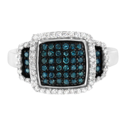 Black Rhodium Plated .925 Sterling Silver 1/2 Cttw White &amp; Blue Diamond Square Halo Cocktail Ring (Fancy Blue &amp; H-I Color, I2-I3 Clarity) - SIze 6 by Bids.com
