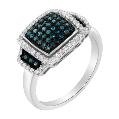 Black Rhodium Plated .925 Sterling Silver 1/2 Cttw White &amp; Blue Diamond Square Halo Cocktail Ring (Fancy Blue &amp; H-I Color, I2-I3 Clarity) - SIze 6 by Bids.com