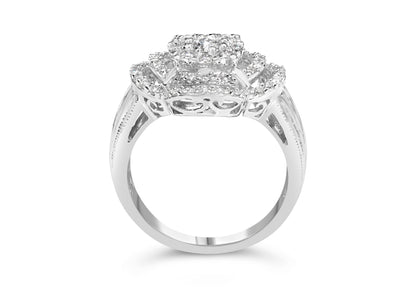 14K White Gold 1.0 Cttw Round &amp; Baguette Cut Diamond Floral Cluster Quatrefoil Channel Set Band Cocktail Statement Ring (H-I Color, SI2-I1 Clarity) - Size 6-3/4 