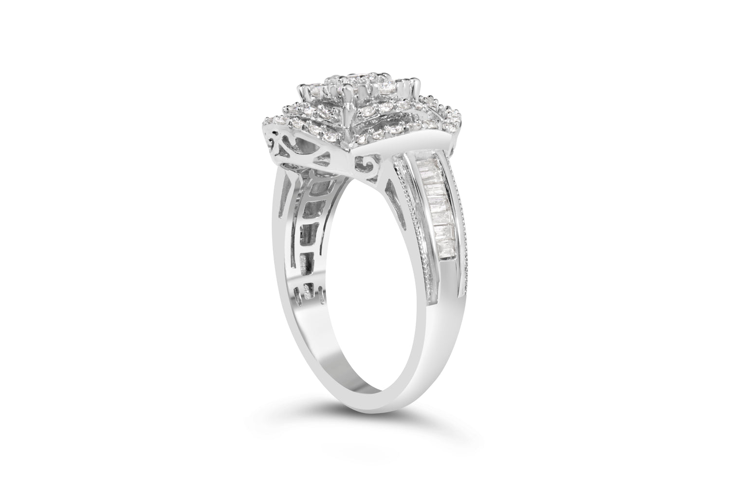 14K White Gold 1.0 Cttw Round &amp; Baguette Cut Diamond Floral Cluster Quatrefoil Channel Set Band Cocktail Statement Ring (H-I Color, SI2-I1 Clarity) - Size 6-3/4 