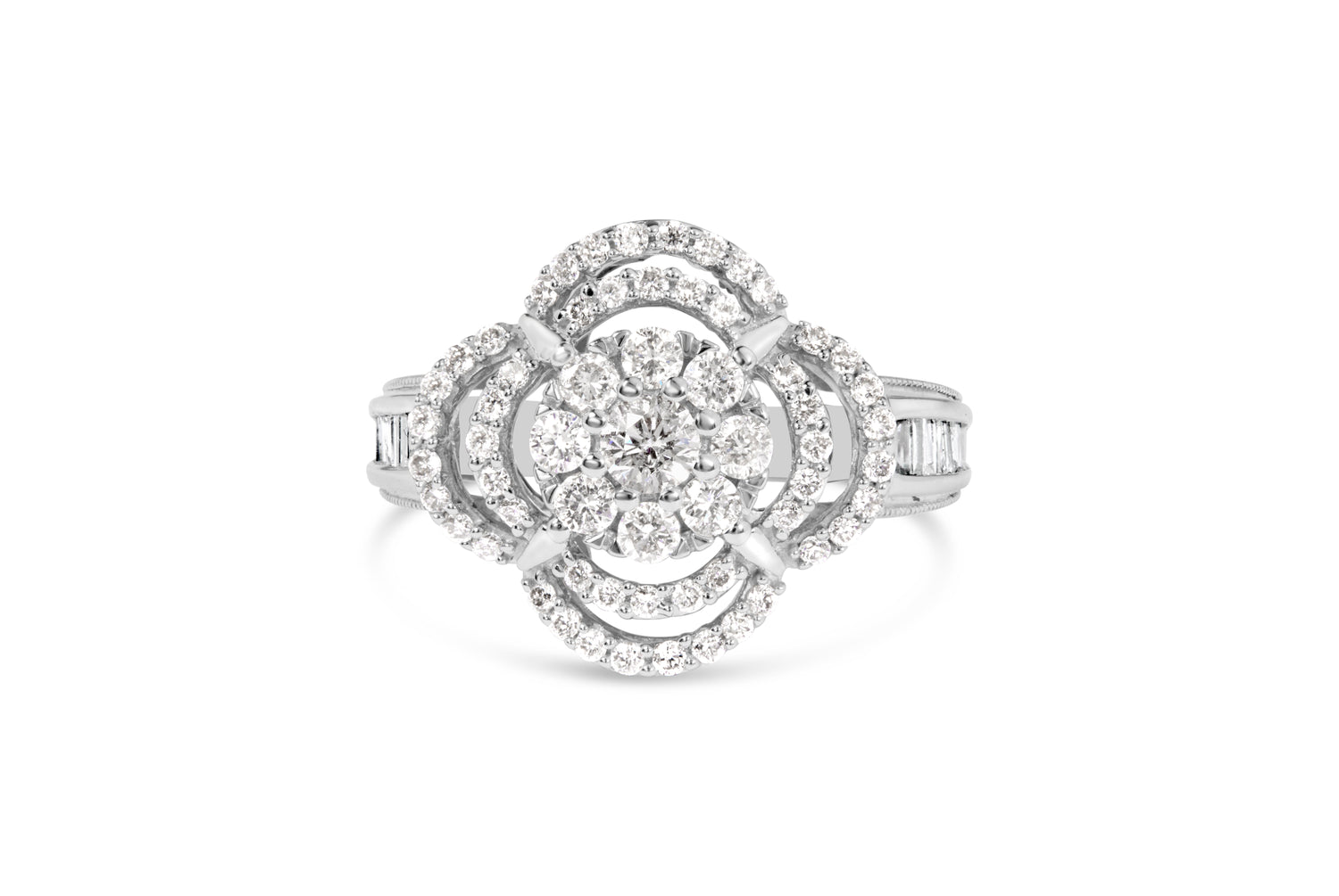 14K White Gold 1.0 Cttw Round &amp; Baguette Cut Diamond Floral Cluster Quatrefoil Channel Set Band Cocktail Statement Ring (H-I Color, SI2-I1 Clarity) - Size 6-3/4 